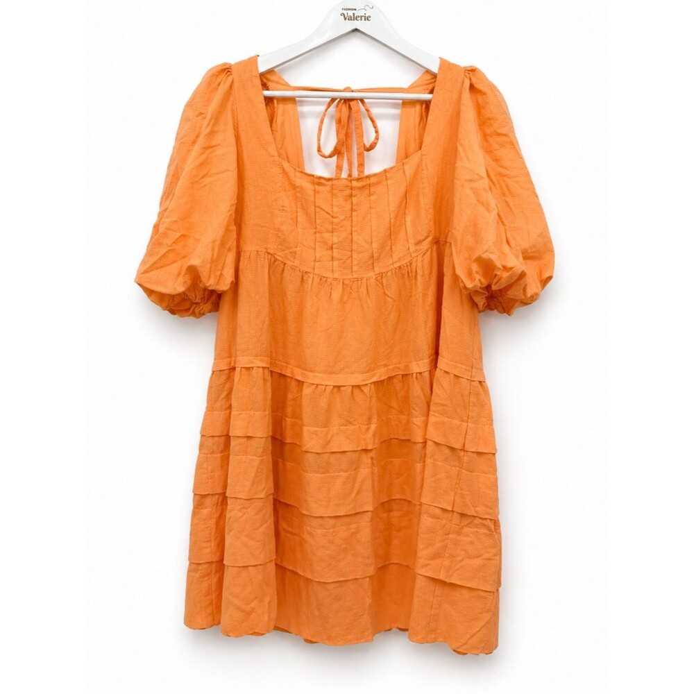Anthropologie Bright Orange Cotton Babydoll Dress Mini Puff Sleeve Size Large